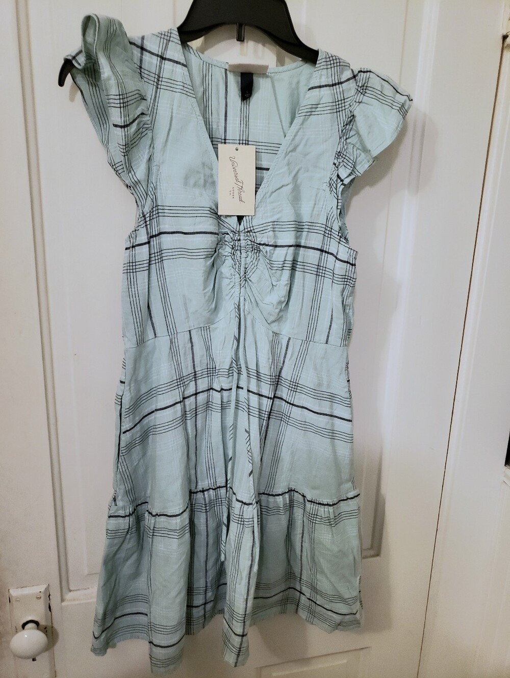 Universal Thread Mint Plaid Midi Dress with Flutter Shoulders